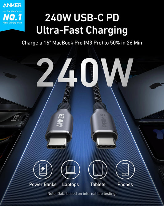 Anker Prime 240W USB C to USB C Fast Charging Cable with Upcycled 6ft – A88E2