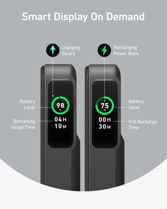 Two smart display devices showing battery levels and usage times on a gray background.