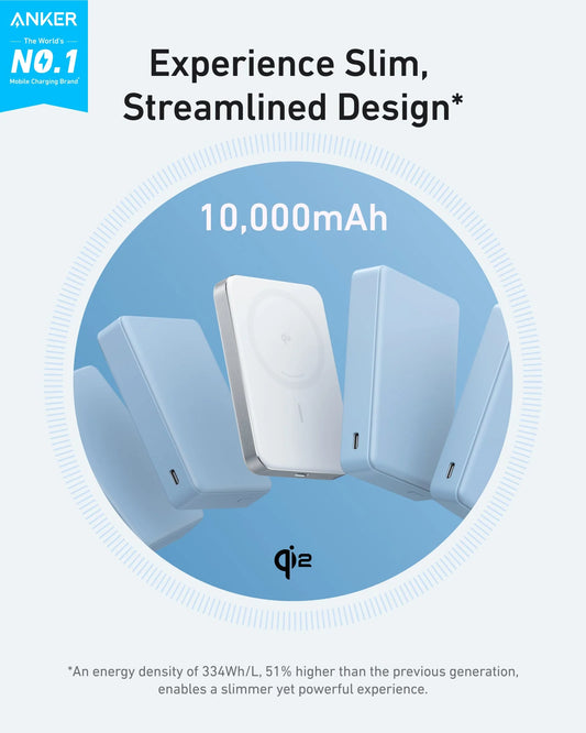 Anker power bank with 10,000mAh capacity and Qi2 technology on a white background.