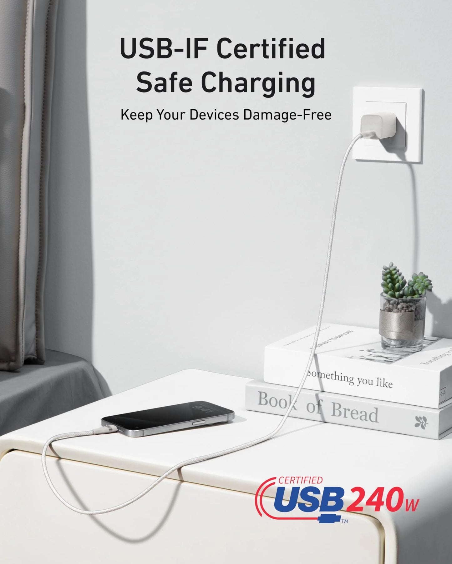 Anker USB C to USB C 240W Upcycled-Braided (3ft, White) Fast Charging Cable – A82E2