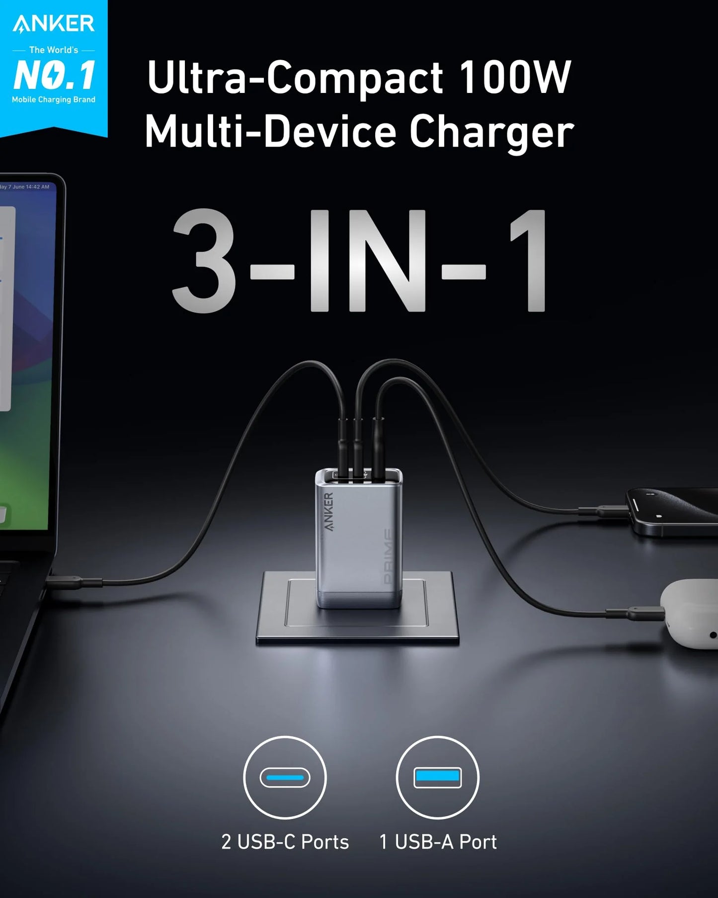 Anker Prime Anker GaN 100W Multi Port Charger Plug Type C Fast Charging – A2688