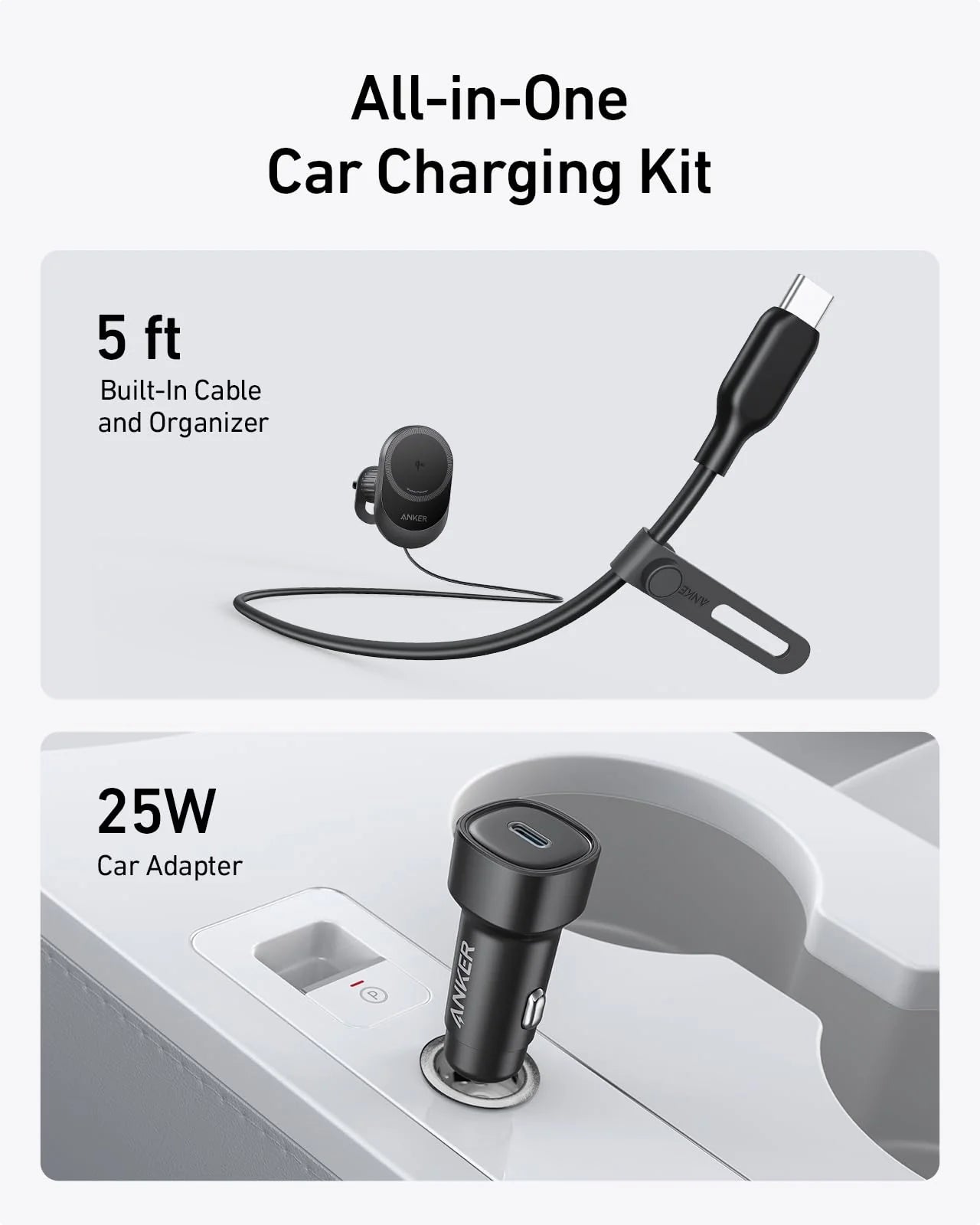 Anker MagGo Wireless Car Charger Qi2 (Pad, Built-In USB-C Cable) – B2932