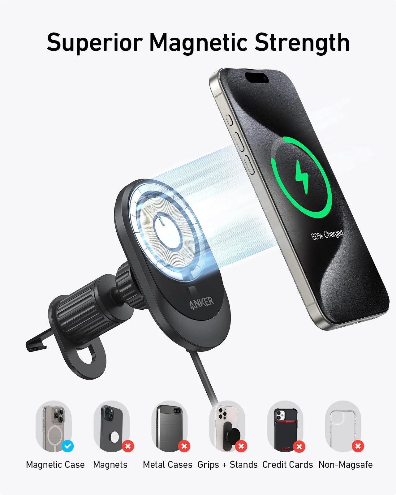 Anker MagGo Wireless Car Charger Qi2 (Pad, Built-In USB-C Cable) – B2932