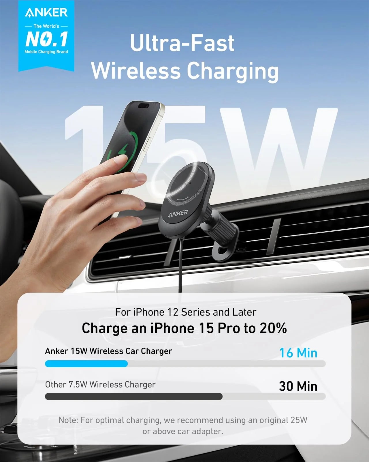 Anker MagGo Wireless Car Charger Qi2 (Pad, Built-In USB-C Cable) – B2932