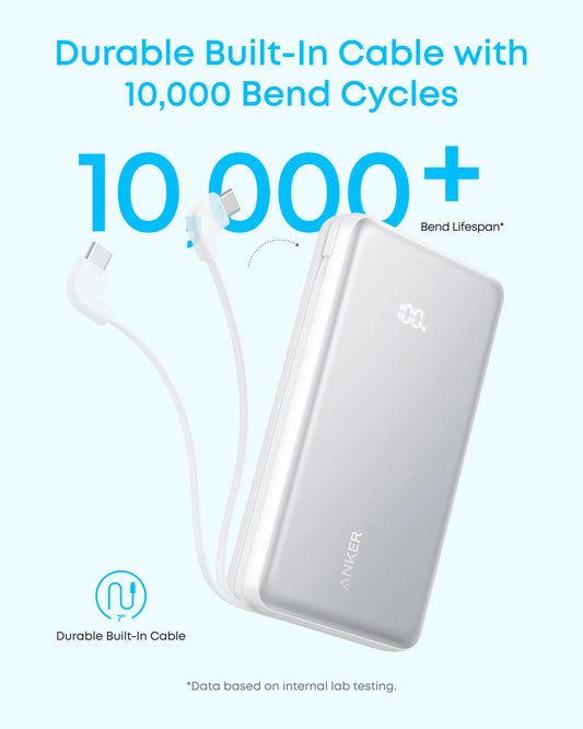 Anker Zolo 20000mAh 22.5W Fast Charging Power Bank with Built-in USB-C Cable (Aurora White) – A110E