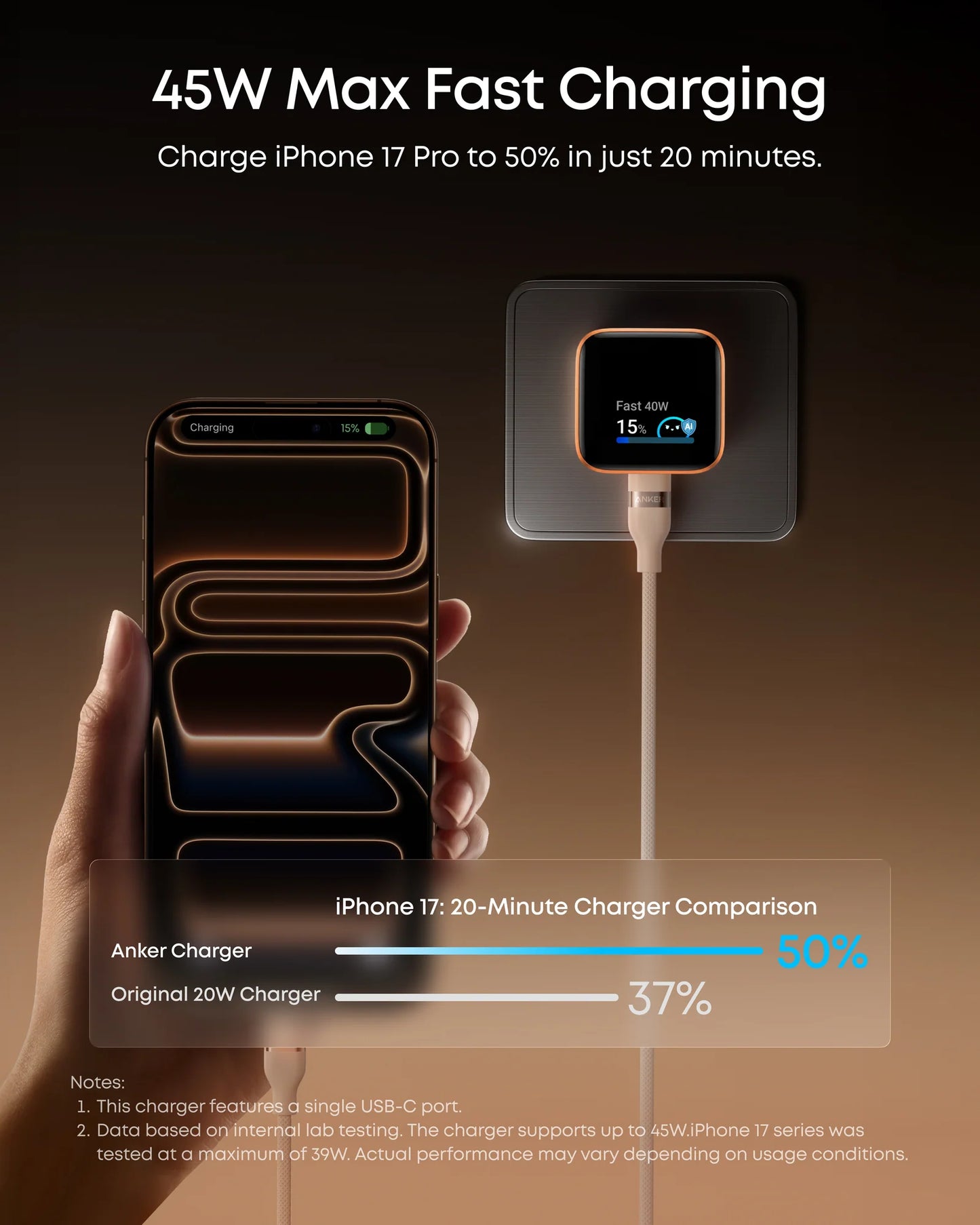 Fast charging device with smartphone showing charging progress on a dark background