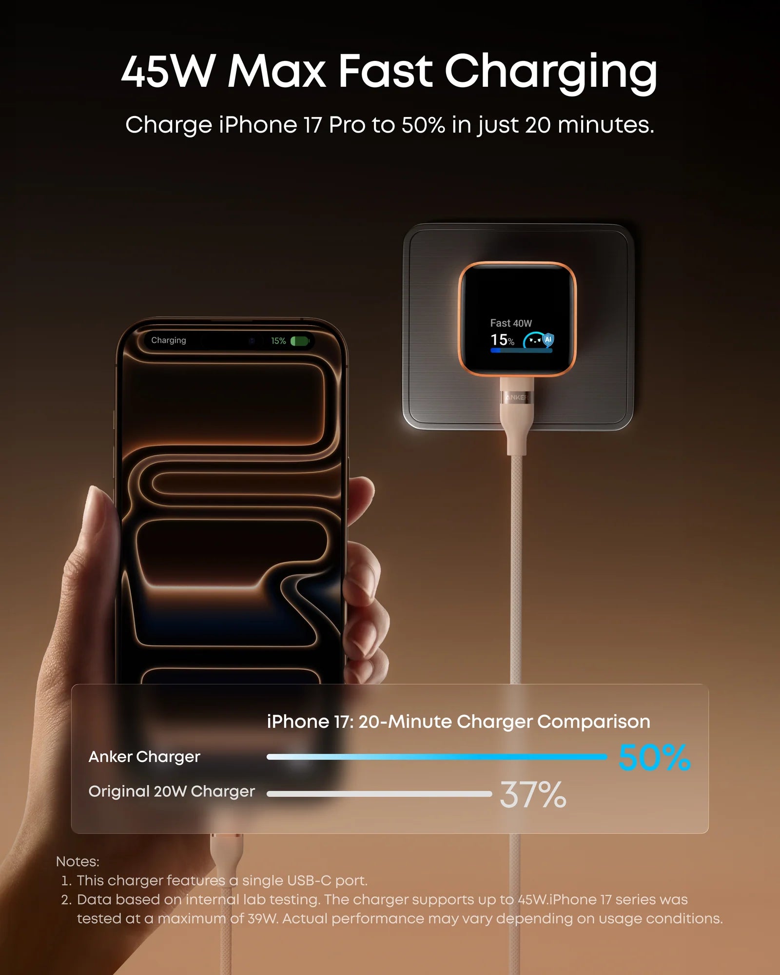 Fast charging device with smartphone showing charging progress on a dark background