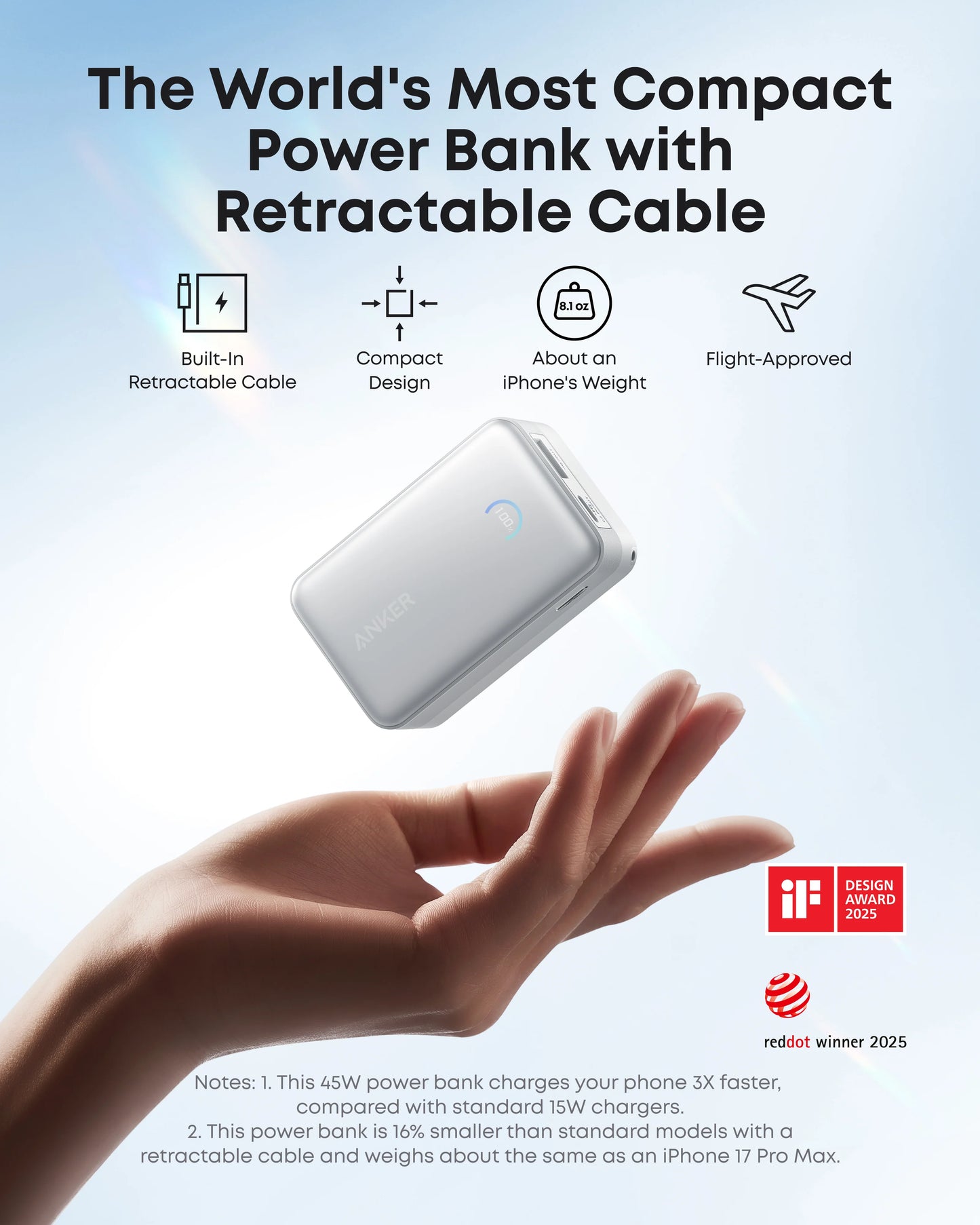 Anker Nano 10000mAh 45W with Built-In Retractable USB-C Cable  PowerBank (Aurora White) – A1638