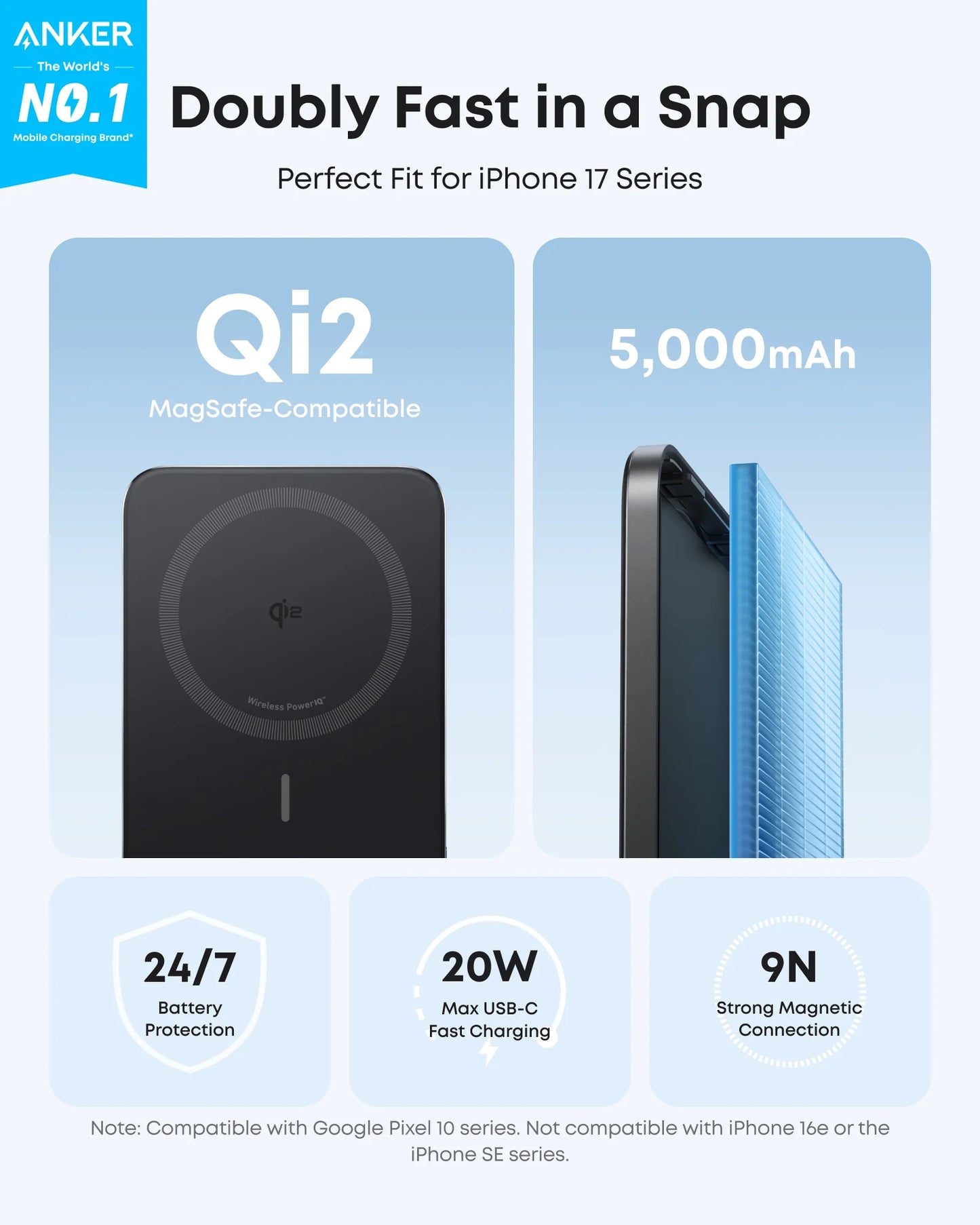 Anker Nano Power Bank (5K, MagGo, 15W, Slim) Black - A1665