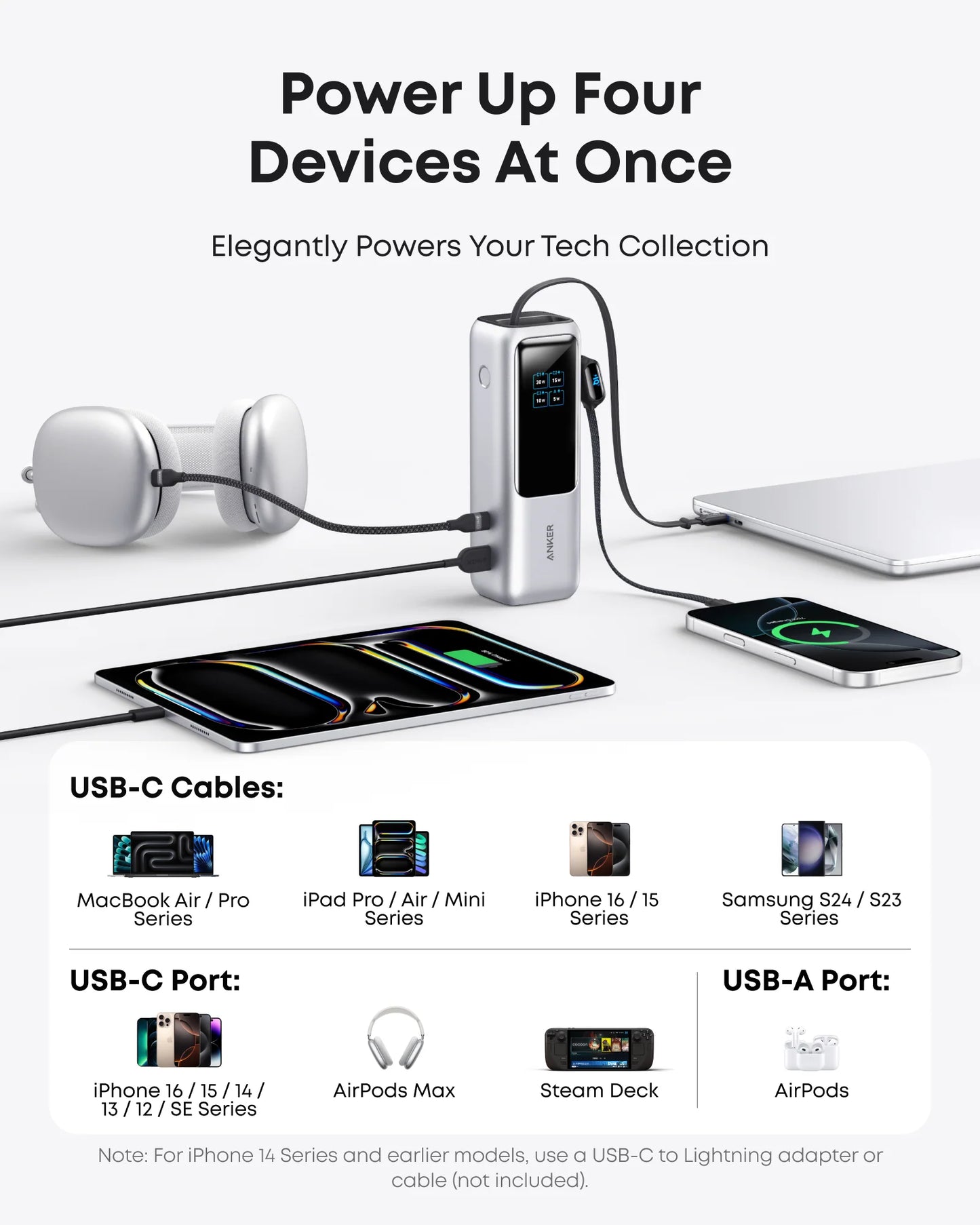 Anker Zolo Power Bank (25K, 165W, Built-In and Retractable Cables) Silver – A1695