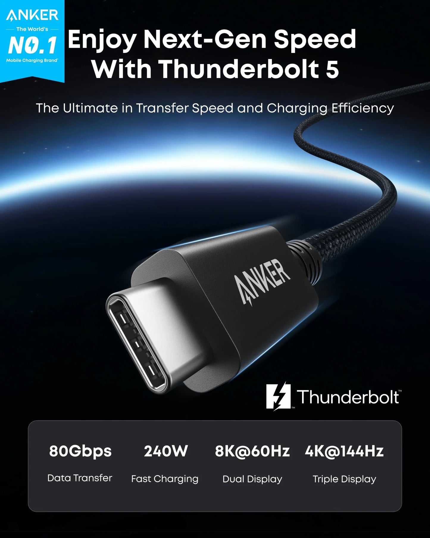 Anker Prime Thunderbolt 5 Cable 3.3 ft 80 Gbps, 240W – A84N1