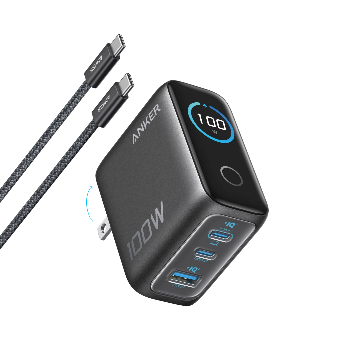 Anker 100W power adapter with multiple USB ports and a cable on a white background