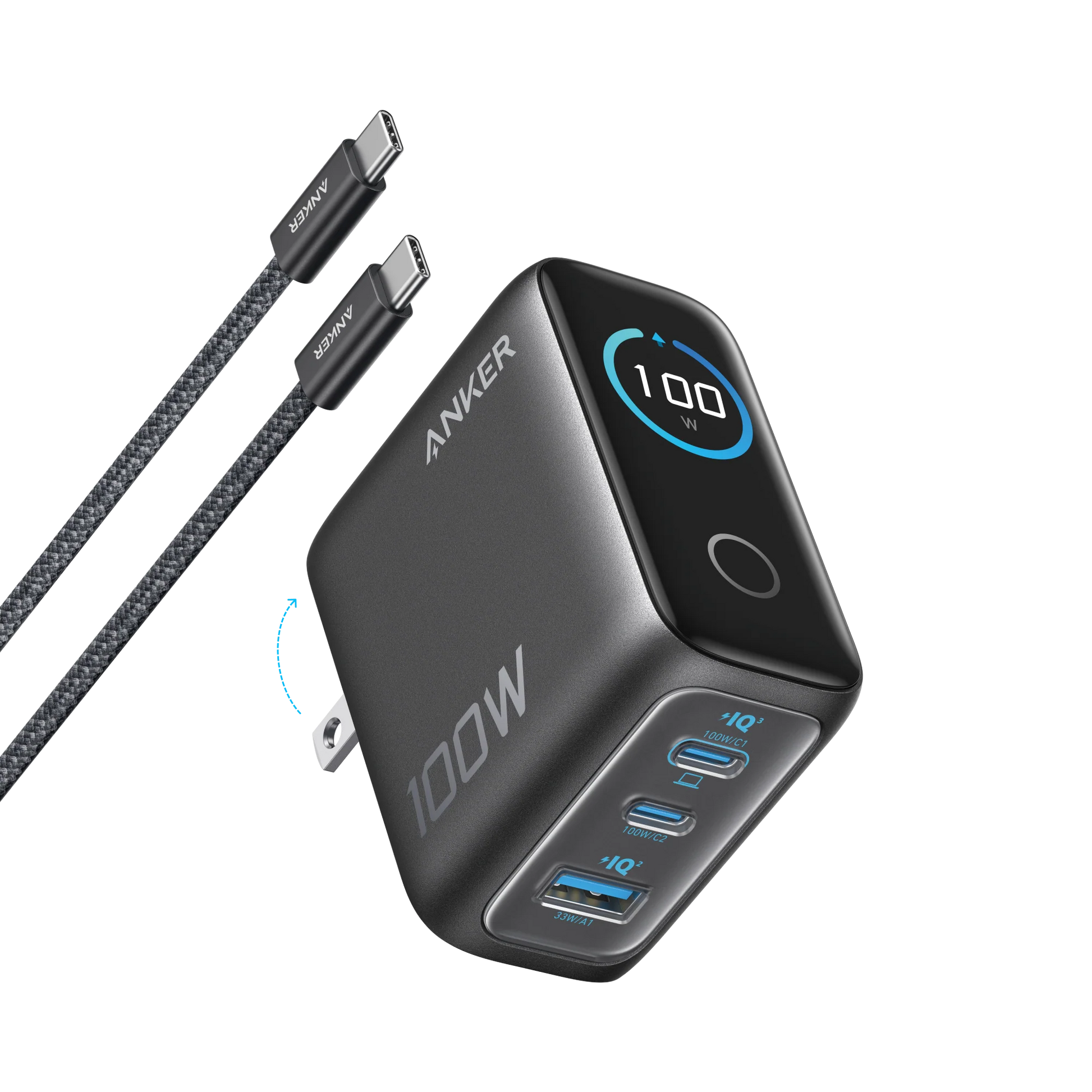 Anker 100W power adapter with multiple USB ports and a cable on a white background