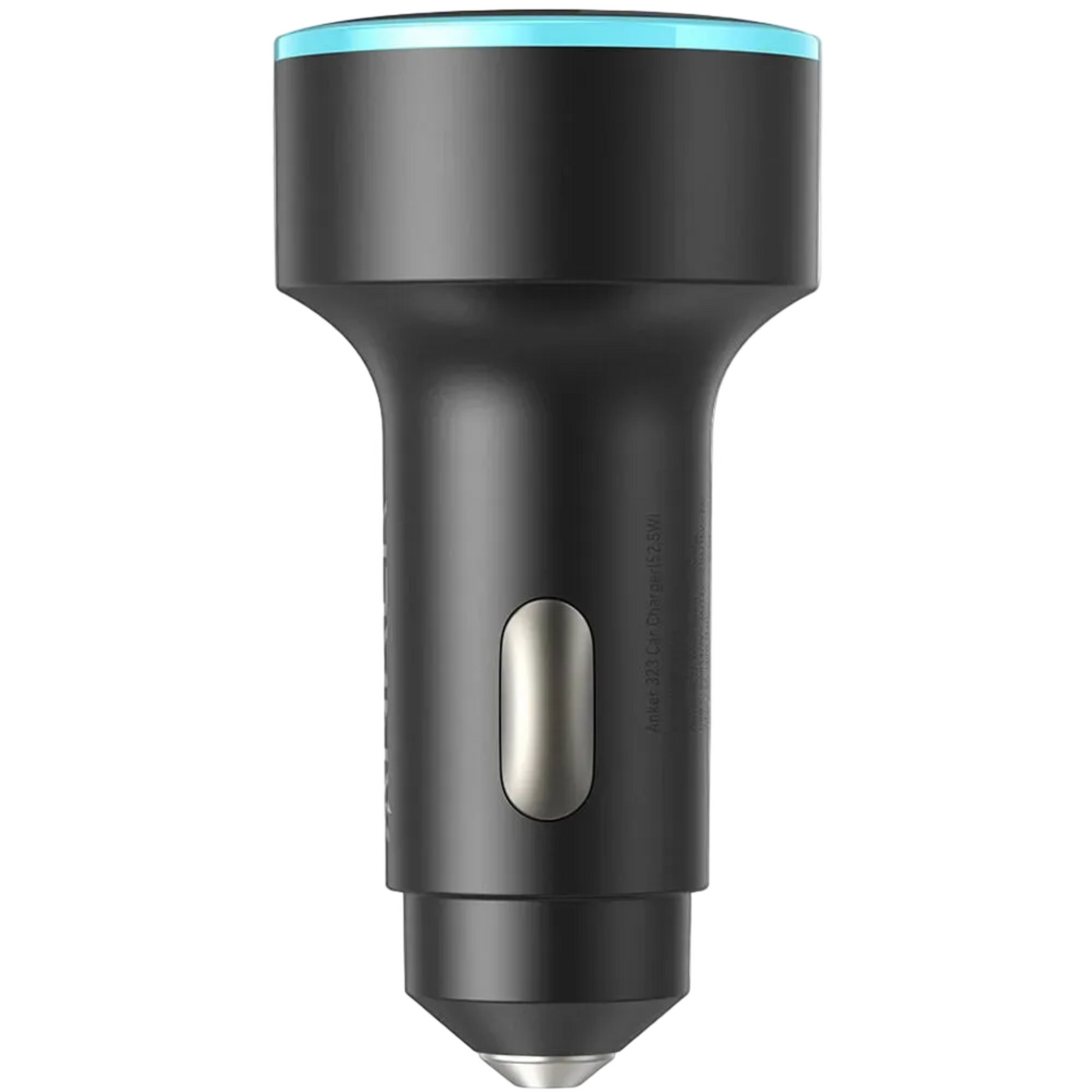 Black car charger with blue light on a white background