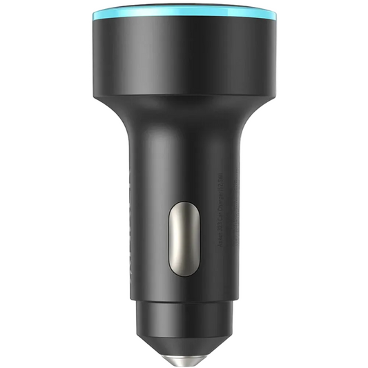 Black car charger with blue light on a white background