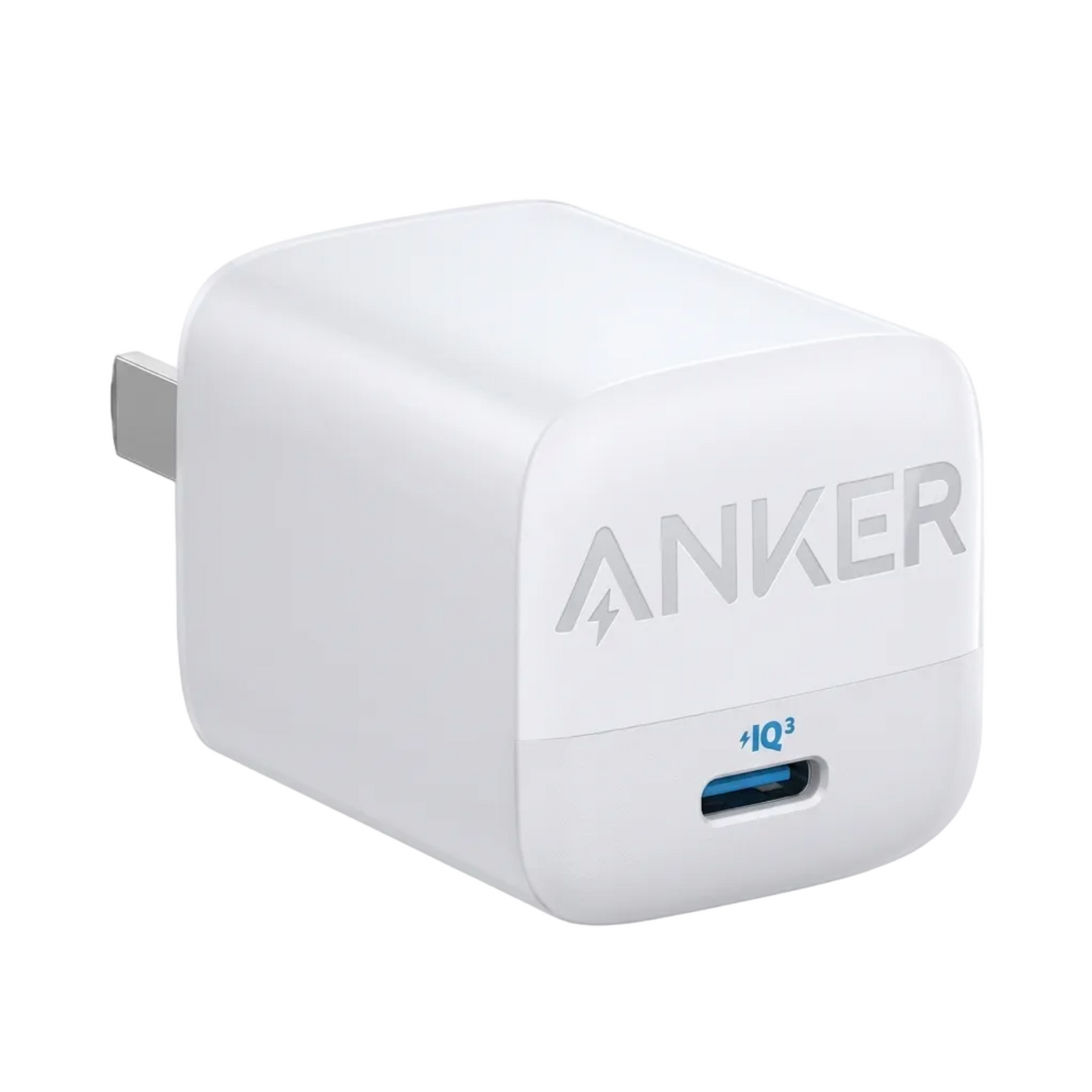 A white Anker USB wall charger with a gray plug, featuring the Anker logo and a blue USB-C port on the front, set against a plain white background.