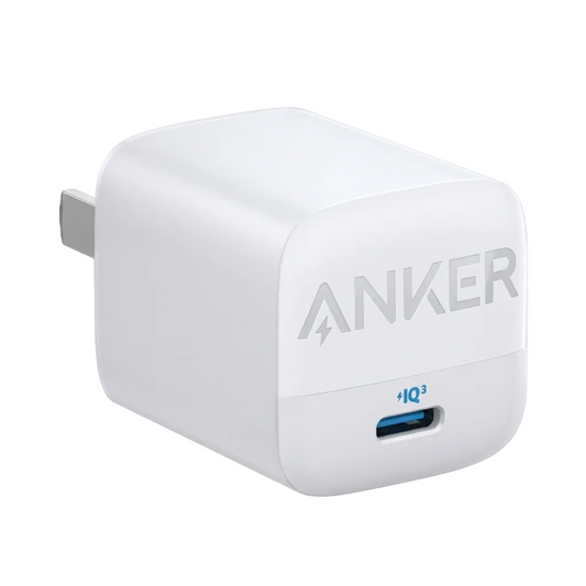 A white Anker USB wall charger with a gray plug, featuring the Anker logo and a blue USB-C port on the front, set against a plain white background.