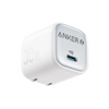 A white Anker 30W USB-C charger with a metallic silver faceplate, featuring the Anker logo and a blue USB-C port, shown on a clean white background.