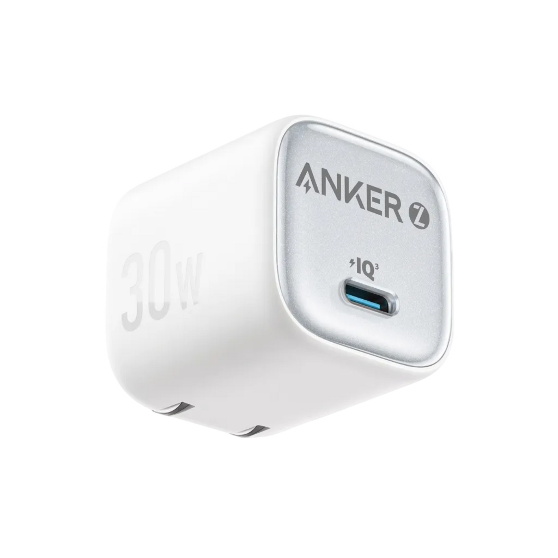 A white Anker 30W USB-C charger with a metallic silver faceplate, featuring the Anker logo and a blue USB-C port, shown on a clean white background.