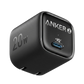 A black Anker 20W USB-C wall charger with a matte finish, featuring embossed '20W' text on one side and the Anker logo with a lightning bolt on the front face, set against a plain white background.
