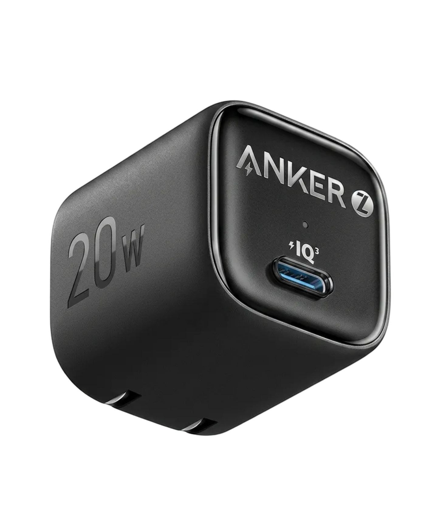 A black Anker 20W USB-C wall charger with a matte finish, featuring embossed '20W' text on one side and the Anker logo with a lightning bolt on the front face, set against a plain white background.