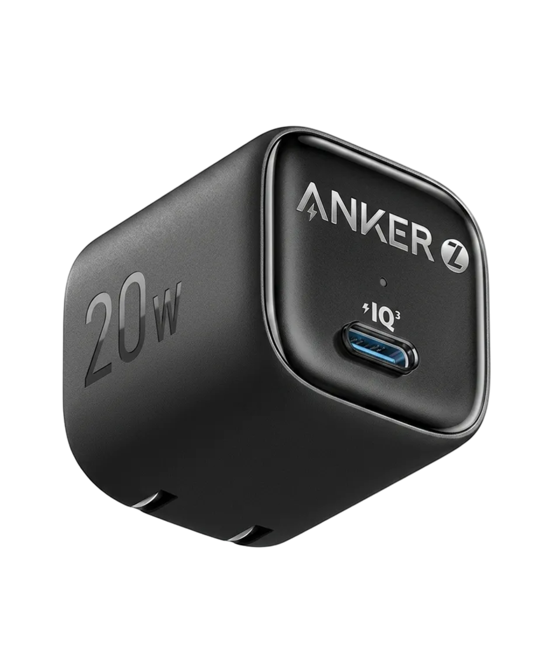A black Anker 20W USB-C wall charger with a matte finish, featuring embossed '20W' text on one side and the Anker logo with a lightning bolt on the front face, set against a plain white background.