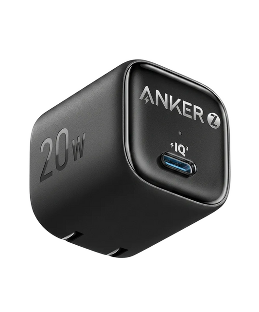 A black Anker 20W USB-C wall charger with a matte finish, featuring embossed '20W' text on one side and the Anker logo with a lightning bolt on the front face, set against a plain white background.