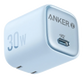 A light blue Anker 30W USB-C wall charger with a metallic finish, featuring the Anker logo and '30W' text on a clean white background.