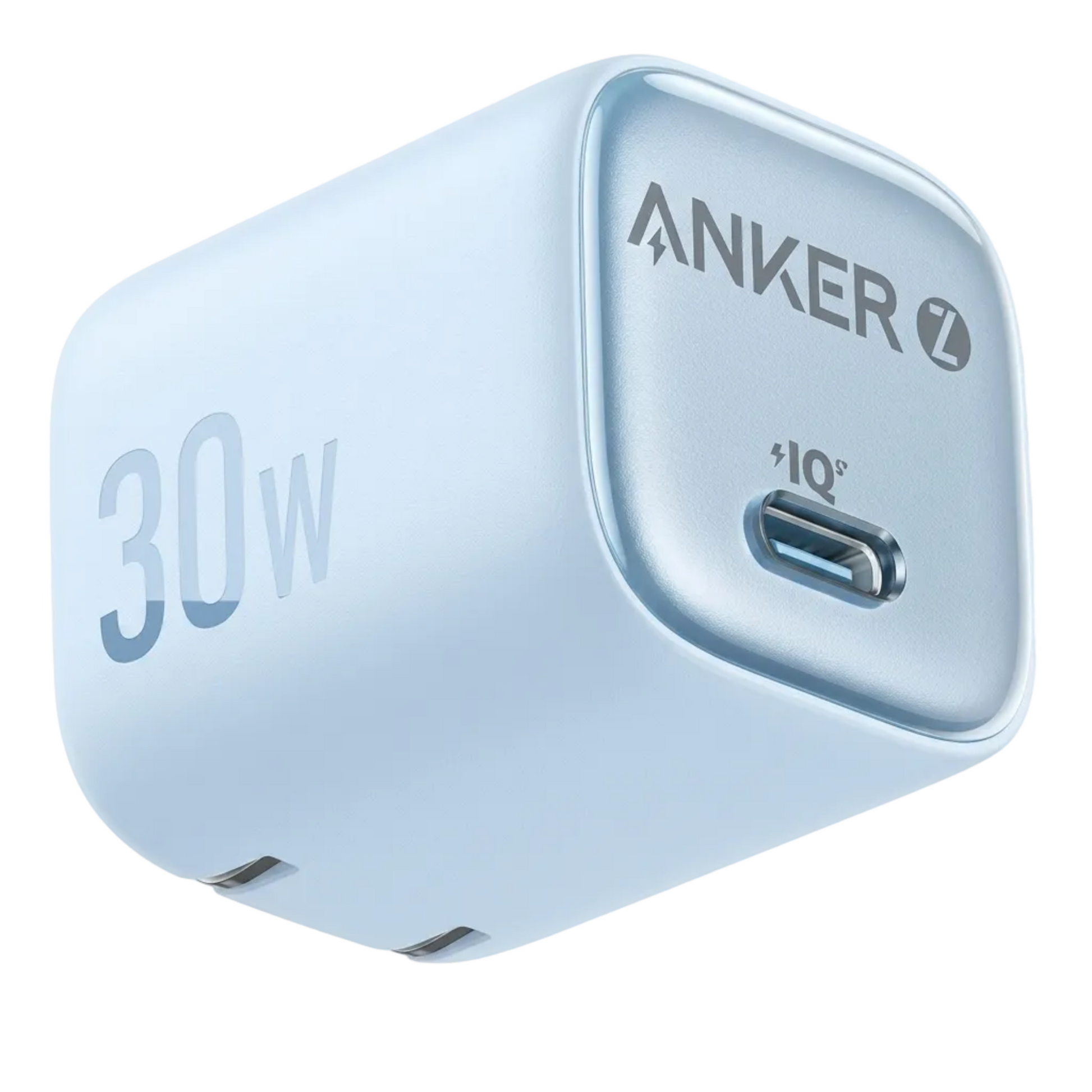 A light blue Anker 30W USB-C wall charger with a metallic finish, featuring the Anker logo and '30W' text on a clean white background.
