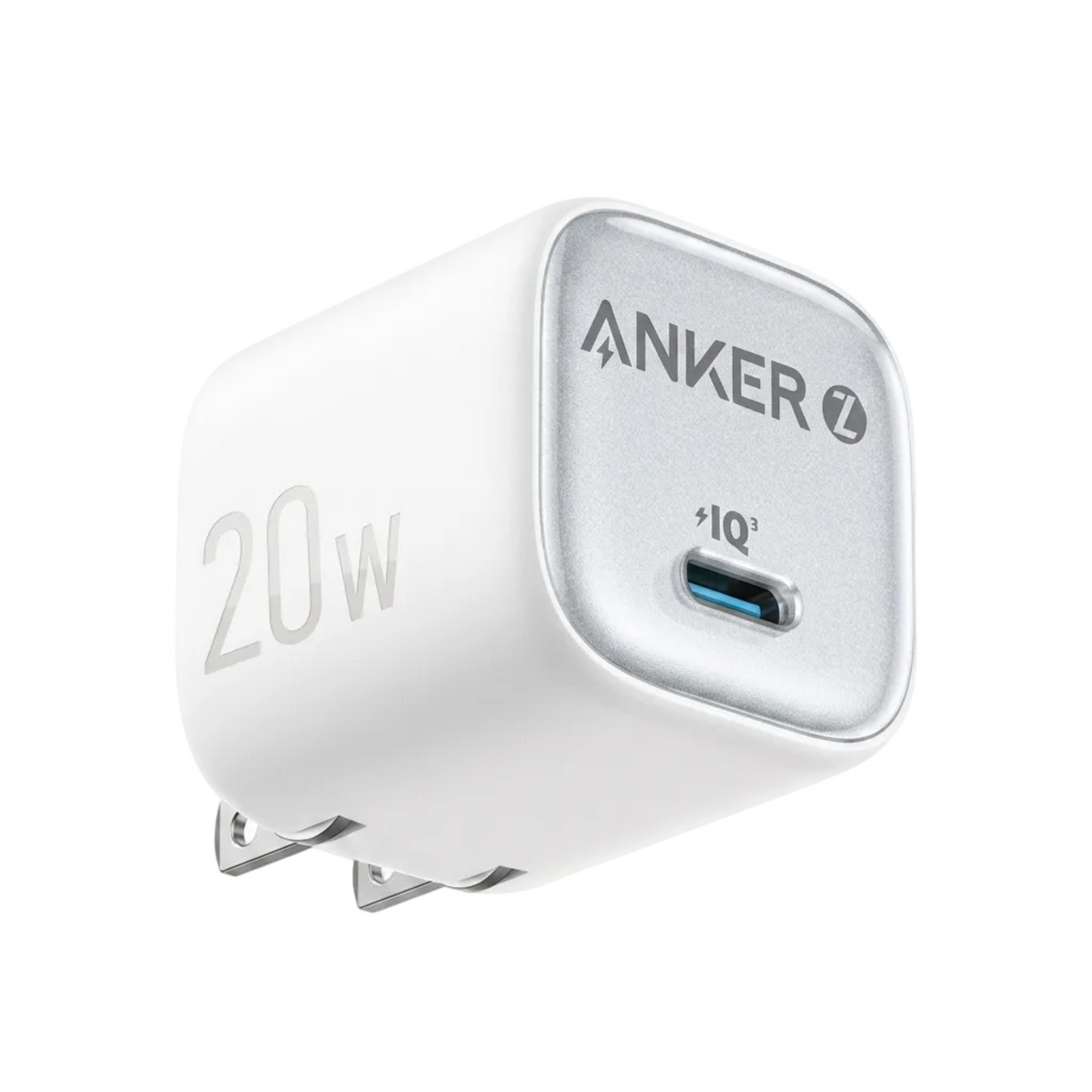 Anker 20W USB-C wall charger in white with a metallic silver front panel, featuring the Anker logo and a blue USB-C port.