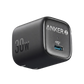 Anker 30W USB-C wall charger in matte black, featuring a square design with '30W' embossed on one side and the 'ANKER' logo and '+IQ³' text on the front face, with a blue USB-C port.