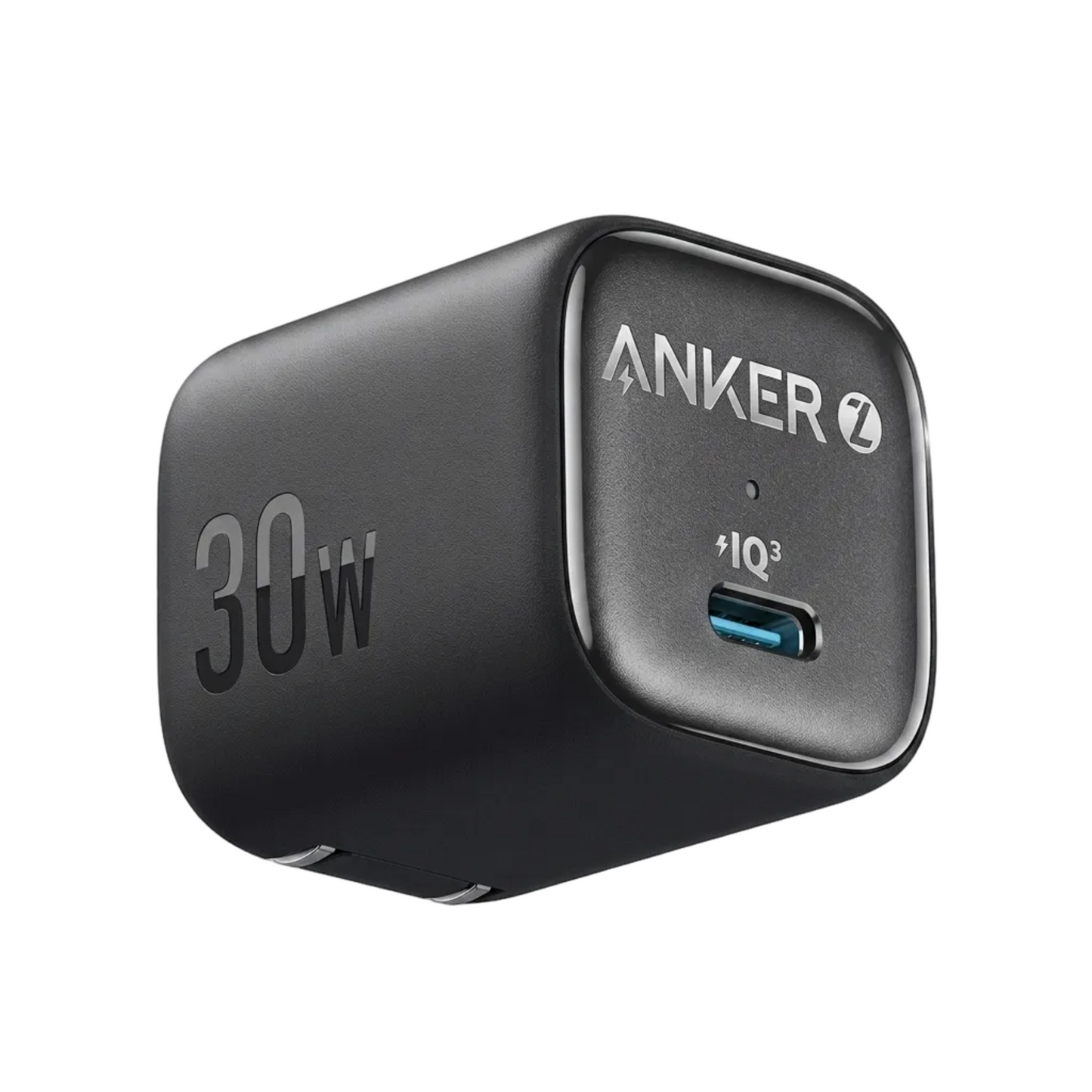 Anker 30W USB-C wall charger in matte black, featuring a square design with '30W' embossed on one side and the 'ANKER' logo and '+IQ³' text on the front face, with a blue USB-C port.